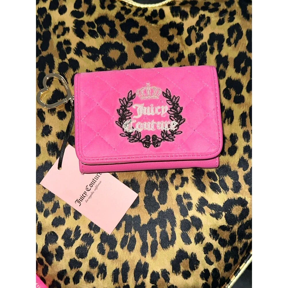 Juicy Couture Royal Couture Double Sided Trifold Wallet Quilted Velvet Pink New